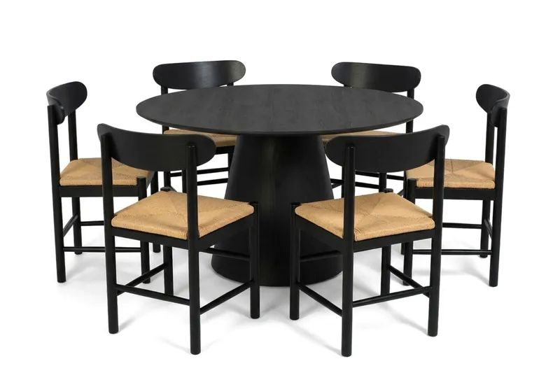 Siena spisegruppe rund 130 cm svart med 6 Malte spisestoler