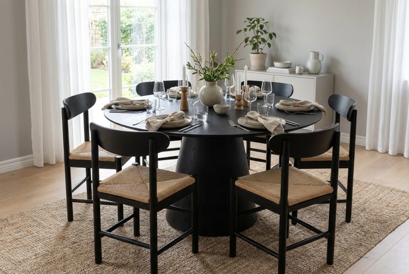 Siena spisegruppe rund 130 cm svart med 6 Malte spisestoler - Møbler - Bord - Spisegruppe