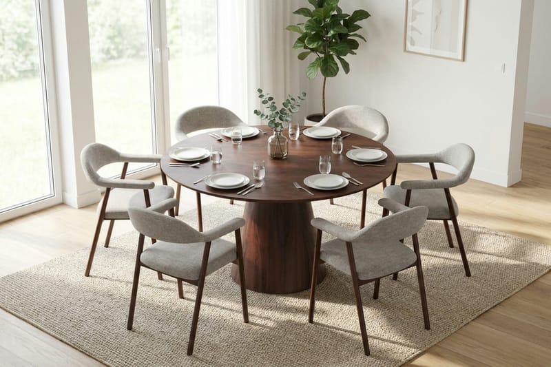 Siena spisegruppe rund 130 cm valnøtt med 4 Ronja spisestoler - Sand/valnøtt - Møbler - Bord - Spisegruppe