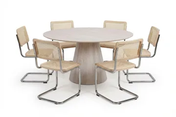 Siena spisegruppe rund 150 cm hvitlasert med 6 Build spisestoler - Hvitlasert/natur/krom - Møbler - Bord - Spisegruppe