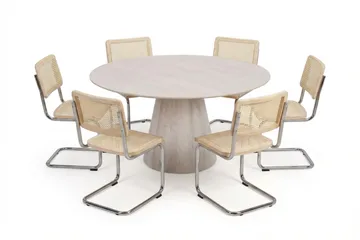 Siena spisegruppe rund 150 cm hvitlasert med 6 Build spisestoler - Hvitlasert/natur/krom - Møbler - Bord - Spisegruppe
