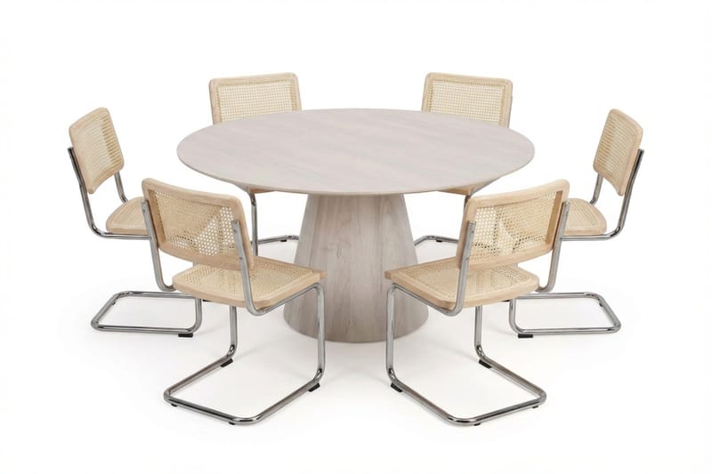 Siena spisegruppe rund 150 cm hvitlasert med 6 Build spisestoler - Hvitlasert/natur/krom - Møbler - Bord - Spisegruppe