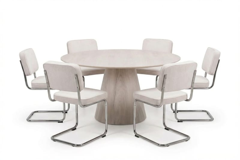 Siena spisegruppe rund 150 cm hvitlasert med 6 Milva spisestoler, Hvitlasert/Beige/krom