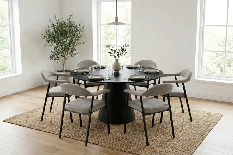 Siena spisegruppe rund 150 cm svart med 4 Ronja spisestoler - Beige/svart - Møbler - Bord - Spisegruppe