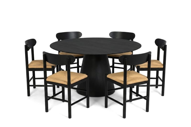 Siena spisegruppe rund 150 cm svart med 6 Malte spisestoler