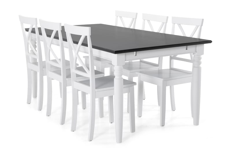 Spisebord Hampton med 6 Nadica stoler - Hvit|Svart - Spisegruppe