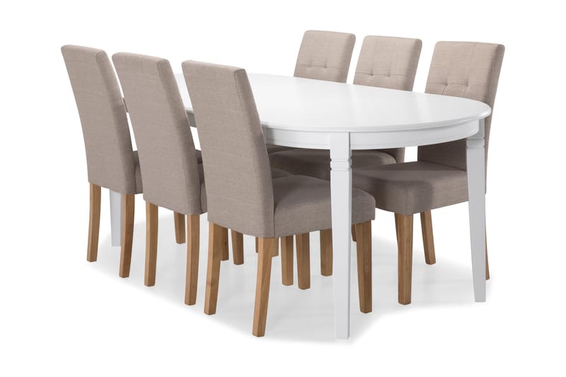 Spisebord Lowisa med 6 Leo stoler - Hvit|Beige|Eik - Spisegruppe