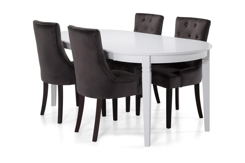 Spisebord Lowisa med 6 Ophelia Lenestoler - Hvit|Mørkgrå|Fløyel - Spisegruppe