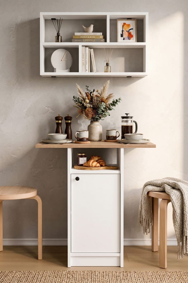 Spisebord- og vegghylle-sett (2 deler) Hanah Home Nord (72 x 73,8 x 44,5 cm) Hvit eik - Hvit og eik - Møbler - Bord - Spisegruppe