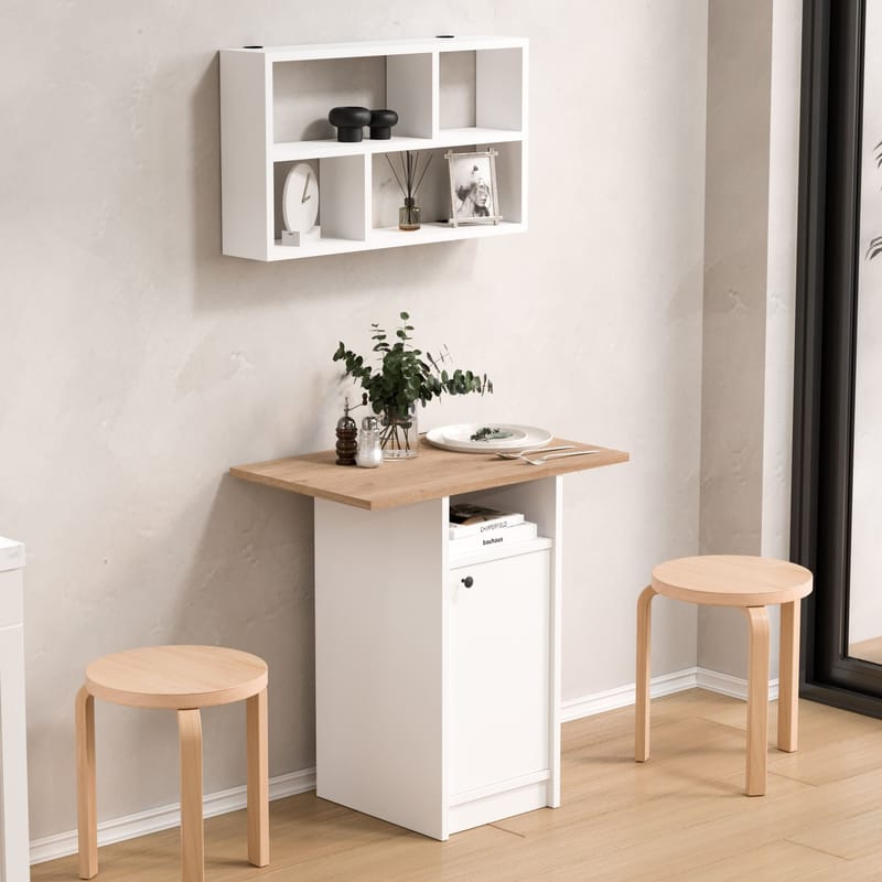 Spisebord- og vegghylle-sett (2 deler) Hanah Home Nord (72 x 73,8 x 44,5 cm) Hvit eik - Hvit og eik - Møbler - Bord - Spisegruppe