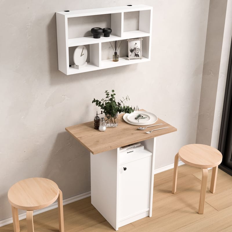 Spisebord- og vegghylle-sett (2 deler) Hanah Home Nord (72 x 73,8 x 44,5 cm) Hvit eik - Hvit og eik - Møbler - Bord - Spisegruppe