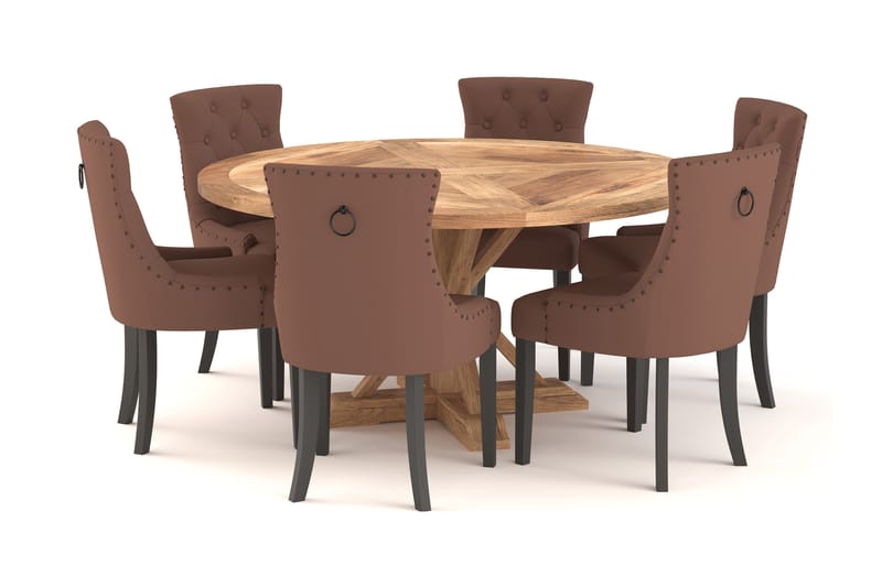 Spisebord Yorkshire 150 cm Rundt med 6 Kjøkkenstoler Ophelia - Brun - Spisegruppe