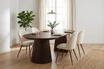 Spisegruppe Bark Peyra 120-220 cm Valnøtt Hvit bouclé/Metallben Valnøtt - Møbler - Bord - Spisegruppe