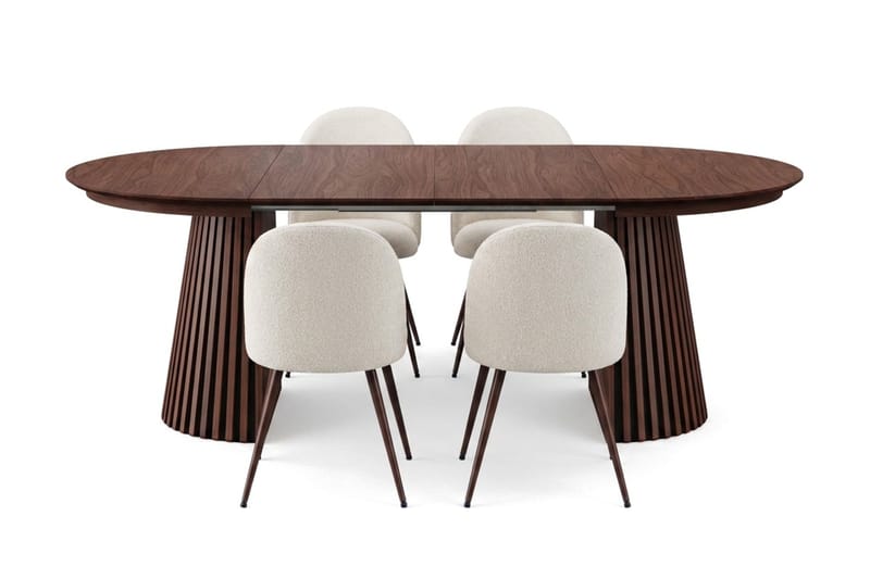 Spisegruppe Bark Peyra 120-220 cm Valnøtt Hvit bouclé/Metallben Valnøtt - Møbler - Bord - Spisegruppe