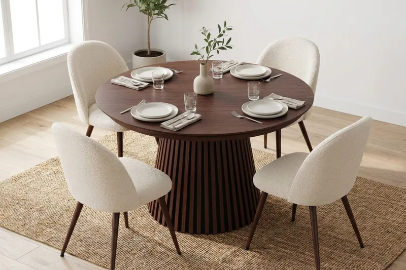 Spisegruppe Bark Peyra 120-220 cm Valnøtt Hvit bouclé/Metallben Valnøtt - Møbler - Bord - Spisegruppe