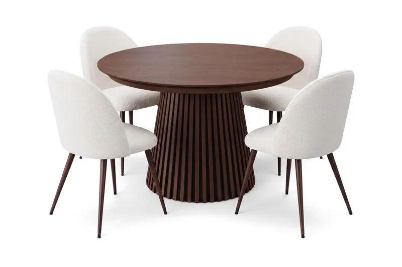 Spisegruppe Bark Peyra 120-220 cm Valnøtt Hvit bouclé/Metallben Valnøtt