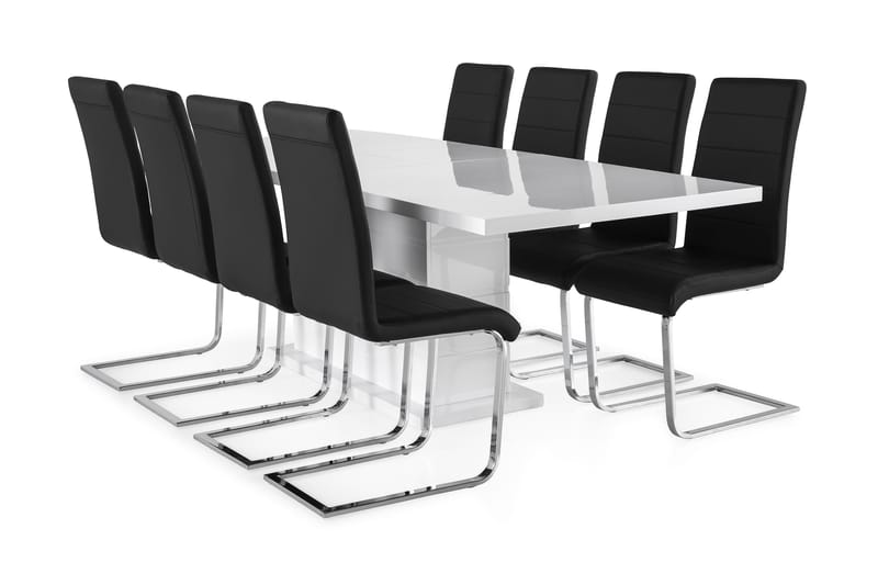 Spisegruppe Griffith Forlengningsbar 200 cm og 8 Jack Stoler - Hvit|Svart PU|Krom - Møbler - Bord - Spisegruppe