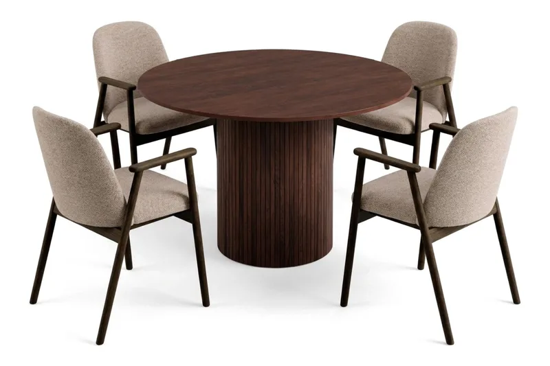 Spisegruppe Kopparbo 110 cm Valnøtt Mørkebrun/Greige Rund 4, Valnøtt