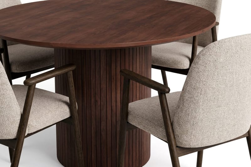 Spisegruppe Kopparbo 110 cm Valnøtt Mørkebrun/Greige Rund 4 - Valnøtt - Møbler - Bord - Spisegruppe