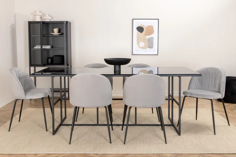 Spisegruppe Leria 200 cm inkl. 6 Foyos Stoler, Glas/Svart/Grå