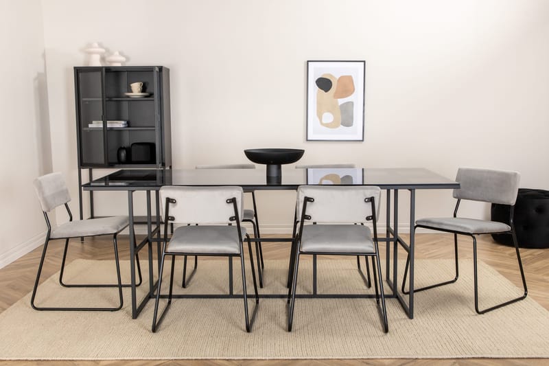 Spisegruppe Leria 200 cm inkl. 6 Kenth Fløyelsstoler, Glas/Svart/Lysegrå