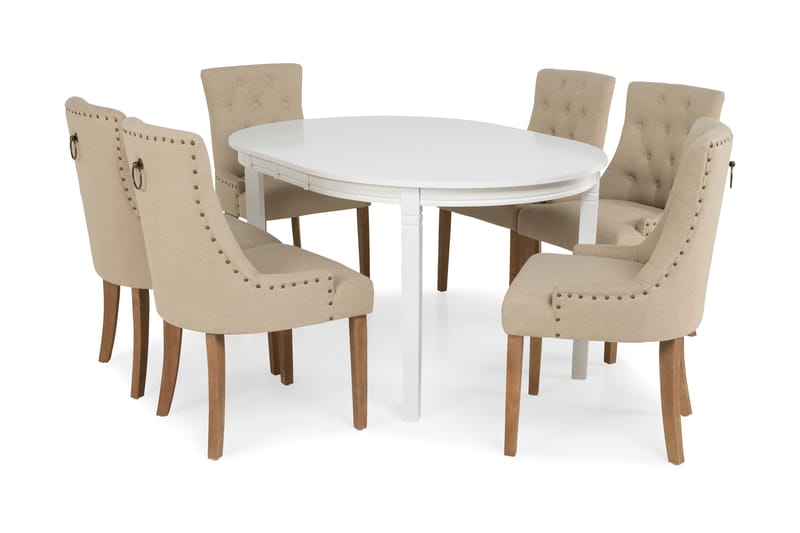 Spisegruppe Lowisa Hvit med 6 Ophelia Stoler - Beige|Hvit - Spisegruppe