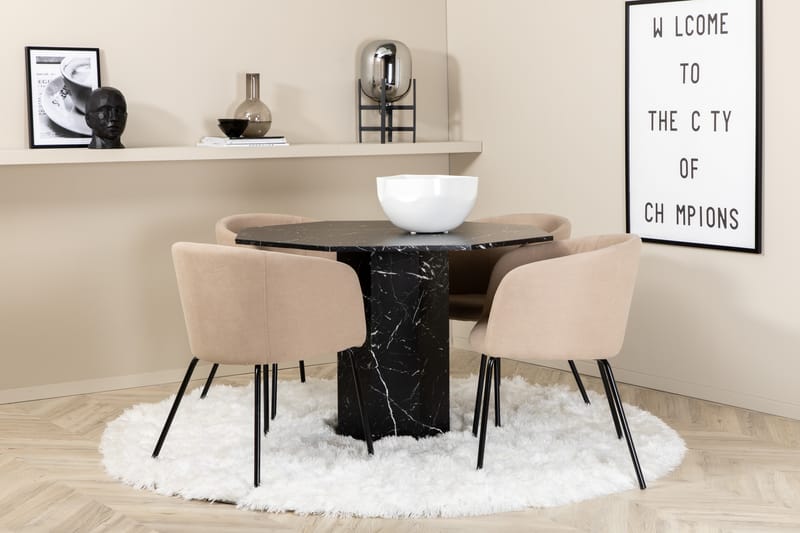 Spisegruppe Marai 110 cm Rund inkl. 4 Beraid Stoler - Svart/Beige - Møbler - Bord - Spisegruppe