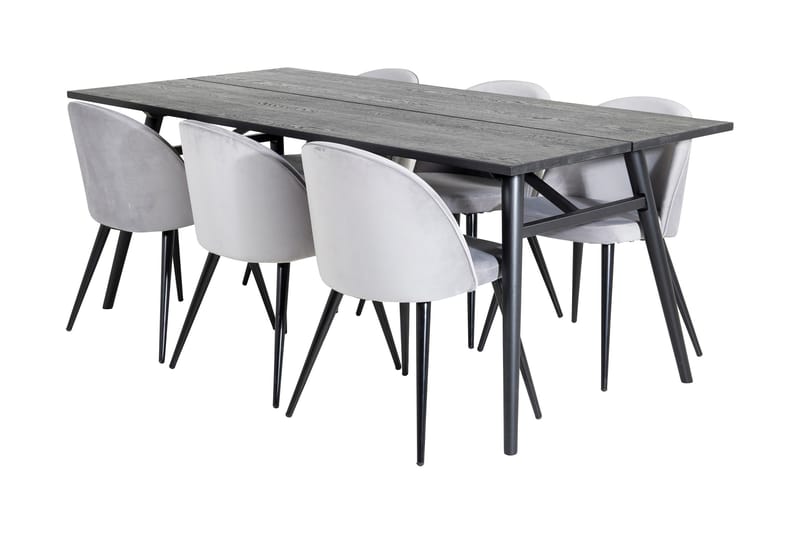 Spisegruppe Sediza 195 cm inkl. 6 Luisa Fløyelsstoler, Svart/Lysegrå