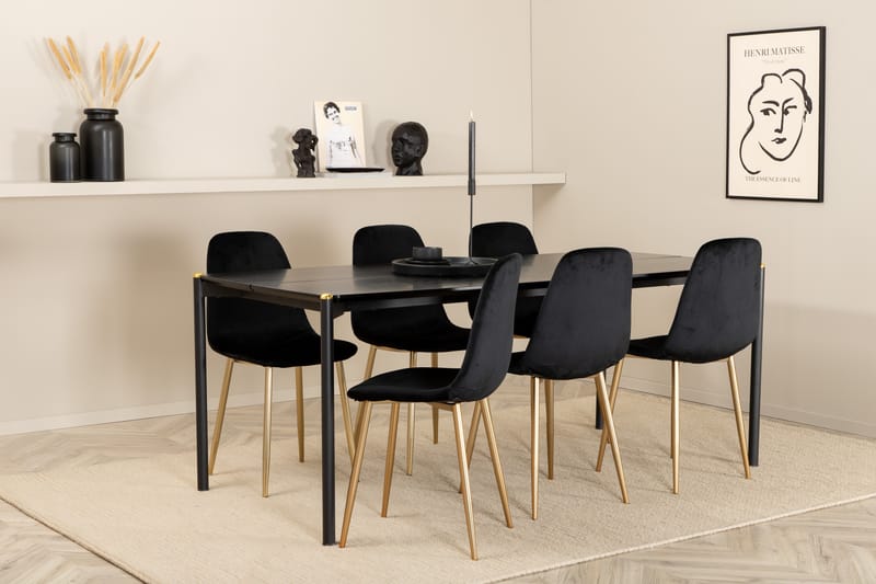Spisegruppe Trym 190 cm inkl. 6 Tommy Fløyelsstoler, Svart/Messing