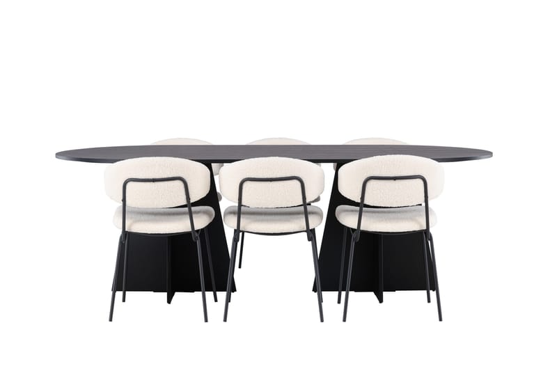 Spisegruppe Venture Home Bootcut ovalt spisebord – svart/svart finér + Chico spisestol – svart/hvit bouclé _6 Svart - Møbler - Bord - Spisegruppe