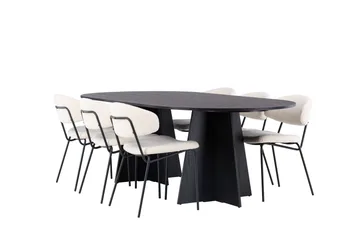 Spisegruppe Venture Home Bootcut ovalt spisebord – svart/svart finér + Chico spisestol – svart/hvit bouclé _6 Svart - Møbler - Bord - Spisegruppe
