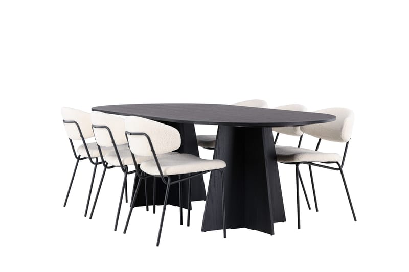 Spisegruppe Venture Home Bootcut ovalt spisebord – svart/svart finér + Chico spisestol – svart/hvit bouclé _6 Svart - Møbler - Bord - Spisegruppe