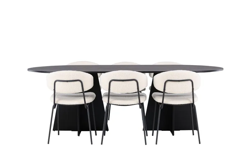 Spisegruppe Venture Home Bootcut ovalt spisebord – svart/svart finér + Chico spisestol – svart/hvit bouclé _6 Svart