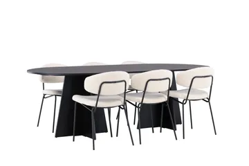 Spisegruppe Venture Home Bootcut ovalt spisebord – svart/svart finér + Chico spisestol – svart/hvit bouclé _6 Svart - Møbler - Bord - Spisegruppe