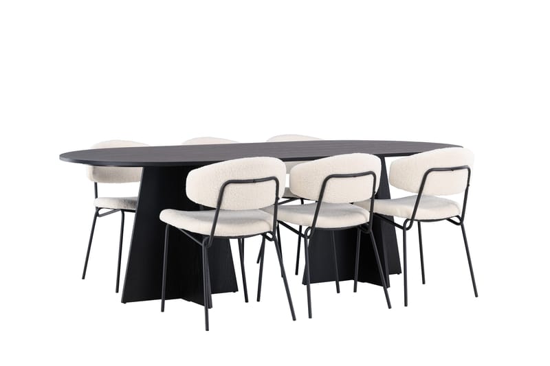 Spisegruppe Venture Home Bootcut ovalt spisebord – svart/svart finér + Chico spisestol – svart/hvit bouclé _6 Svart - Møbler - Bord - Spisegruppe