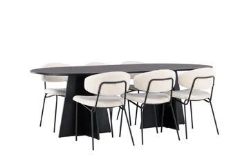 Spisegruppe Venture Home Bootcut ovalt spisebord – svart/svart finér + Chico spisestol – svart/hvit bouclé _6 Svart - Møbler - Bord - Spisegruppe