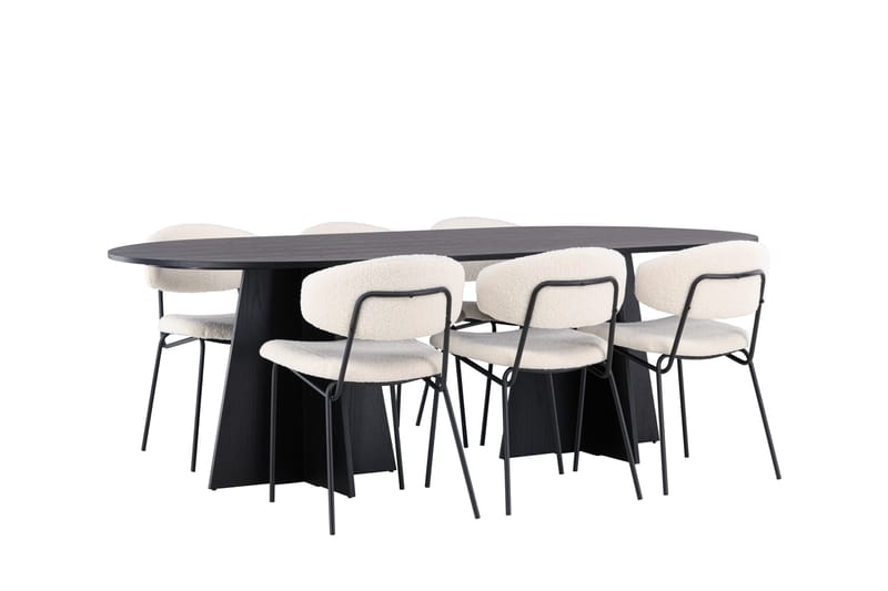 Spisegruppe Venture Home Bootcut ovalt spisebord – svart/svart finér + Chico spisestol – svart/hvit bouclé _6 Svart - Møbler - Bord - Spisegruppe