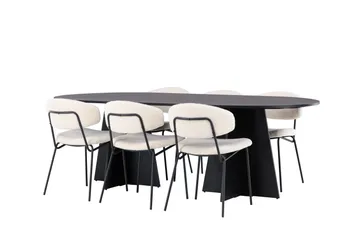 Spisegruppe Venture Home Bootcut ovalt spisebord – svart/svart finér + Chico spisestol – svart/hvit bouclé _6 Svart - Møbler - Bord - Spisegruppe