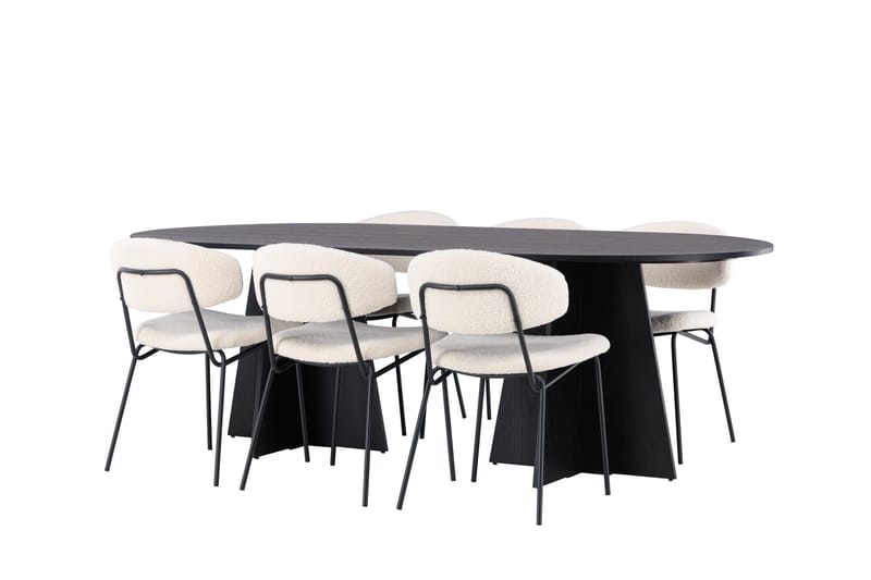 Spisegruppe Venture Home Bootcut ovalt spisebord – svart/svart finér + Chico spisestol – svart/hvit bouclé _6 Svart - Møbler - Bord - Spisegruppe
