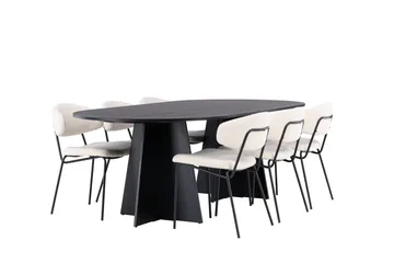 Spisegruppe Venture Home Bootcut ovalt spisebord – svart/svart finér + Chico spisestol – svart/hvit bouclé _6 Svart - Møbler - Bord - Spisegruppe