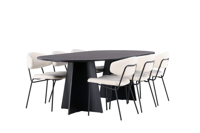 Spisegruppe Venture Home Bootcut ovalt spisebord – svart/svart finér + Chico spisestol – svart/hvit bouclé _6 Svart - Møbler - Bord - Spisegruppe