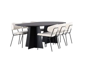 Spisegruppe Venture Home Bootcut ovalt spisebord – svart/svart finér + Chico spisestol – svart/hvit bouclé _6 Svart - Møbler - Bord - Spisegruppe