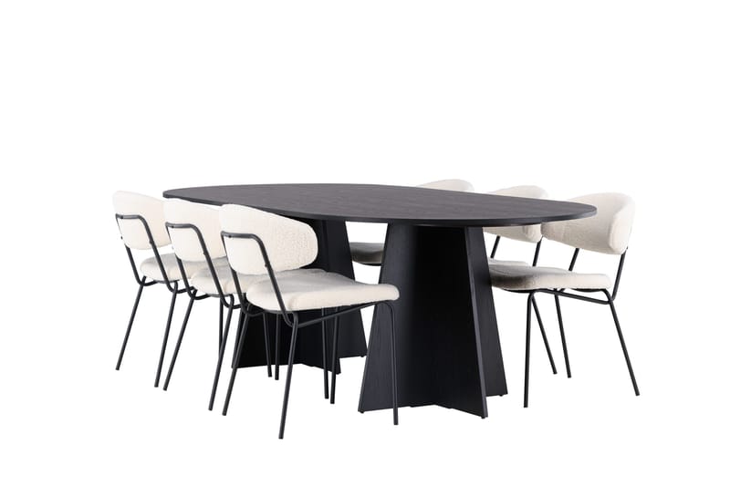 Spisegruppe Venture Home Bootcut ovalt spisebord – svart/svart finér + Chico spisestol – svart/hvit bouclé _6 Svart - Møbler - Bord - Spisegruppe
