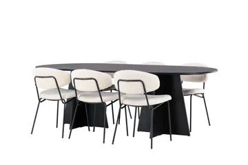 Spisegruppe Venture Home Bootcut ovalt spisebord – svart/svart finér + Chico spisestol – svart/hvit bouclé _6 Svart - Møbler - Bord - Spisegruppe