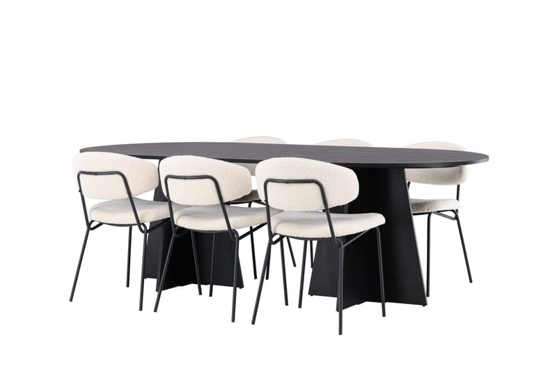 Spisegruppe Venture Home Bootcut ovalt spisebord – svart/svart finér + Chico spisestol – svart/hvit bouclé _6 Svart - Møbler - Bord - Spisegruppe
