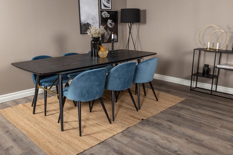 Spisegruppe Venture Home Gold spisegruppe uttrekkbar 180–220 cm rektangulær med 6 Velvet-stoler Svart/blå - Møbler - Bord - Spisegruppe