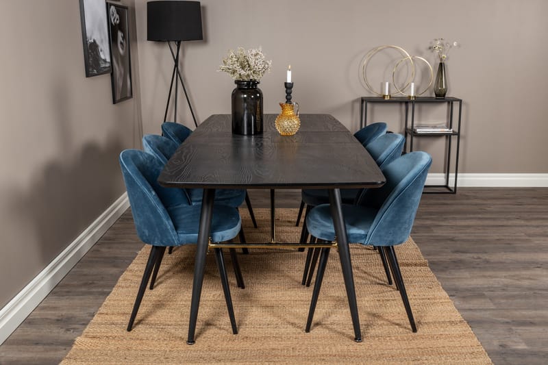 Spisegruppe Venture Home Gold spisegruppe uttrekkbar 180–220 cm rektangulær med 6 Velvet-stoler Svart/blå - Møbler - Bord - Spisegruppe