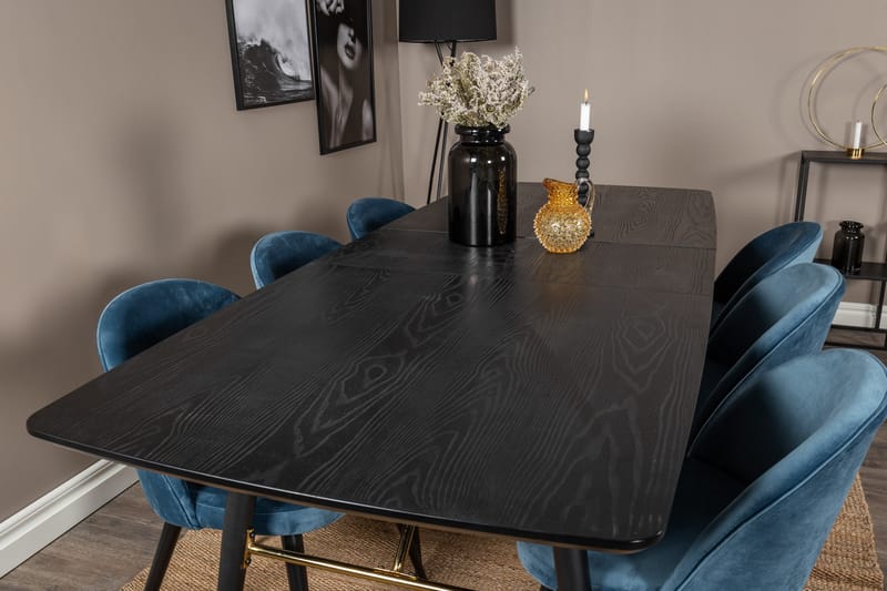 Spisegruppe Venture Home Gold spisegruppe uttrekkbar 180–220 cm rektangulær med 6 Velvet-stoler Svart/blå - Møbler - Bord - Spisegruppe