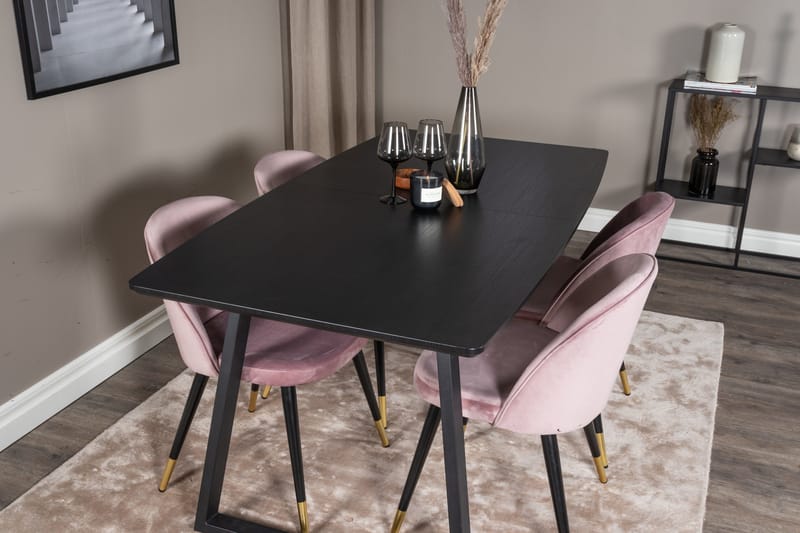 Spisegruppe Venture Home Inca spisegruppe uttrekkbar 160 cm rektangulær med 4 Velvet-stoler Svart/rosa - Møbler - Bord - Spisegruppe