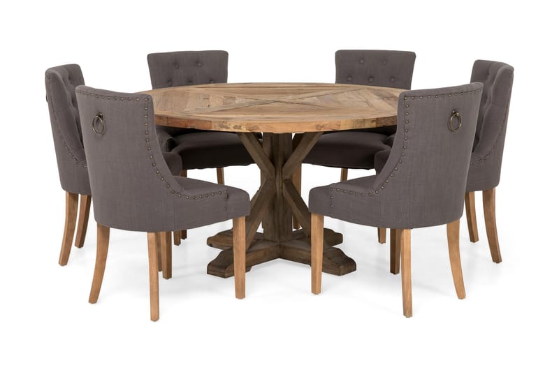 Spisegruppe Yorkshire Ø150 cm Rund Vintage Alm/Grå - 6 Ophelia Stoler - Møbler - Bord - Spisegruppe
